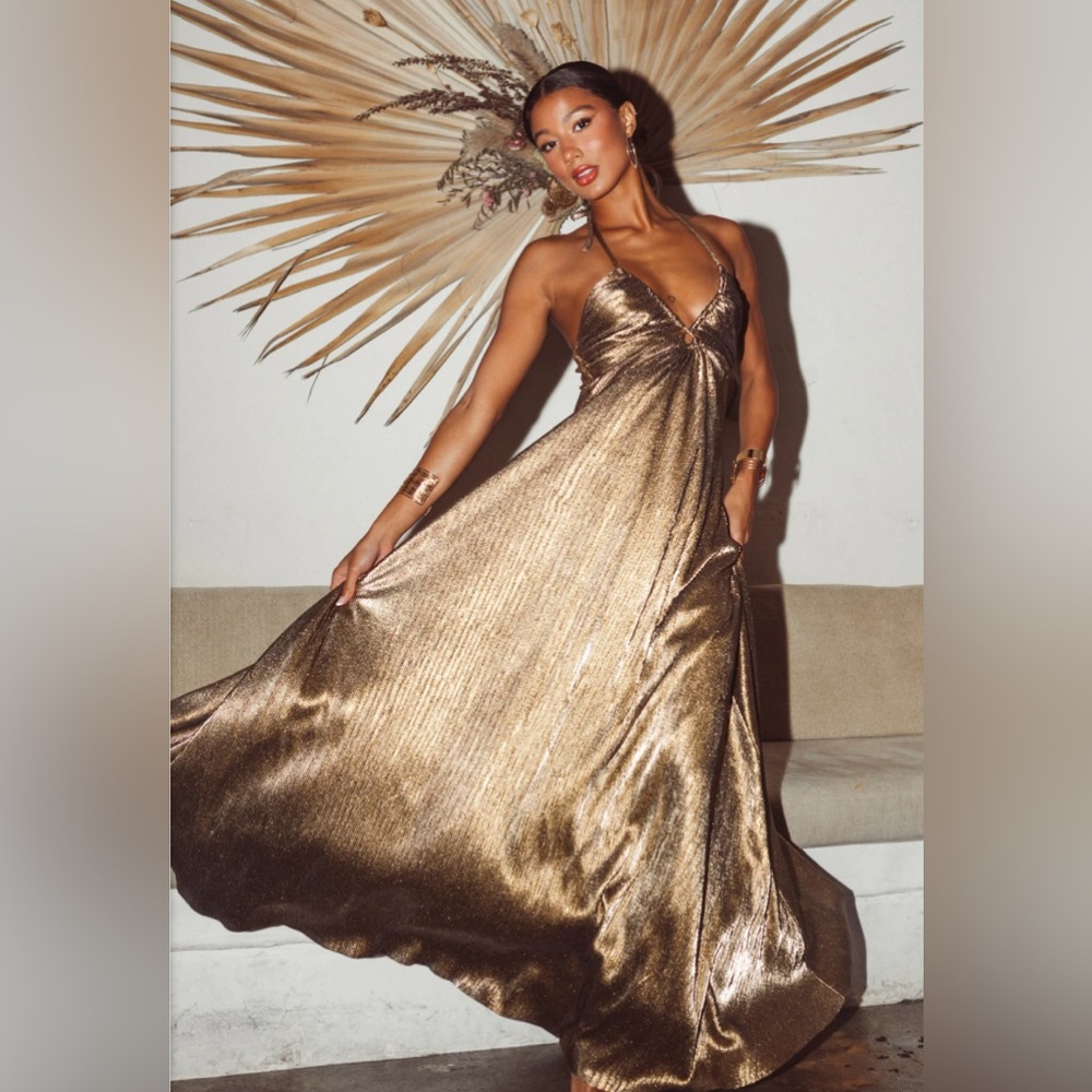 Show Me Your Mumu Paros Maxi Dress Pleated Gold